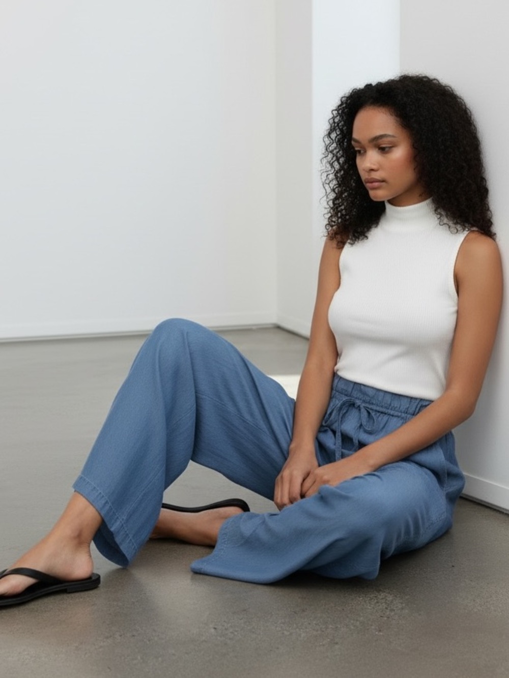 1515 • Blue Chambray Lyocell Soft Belted Stretch Waist Wide Leg Pocket Pants - Picture 2 of 5
